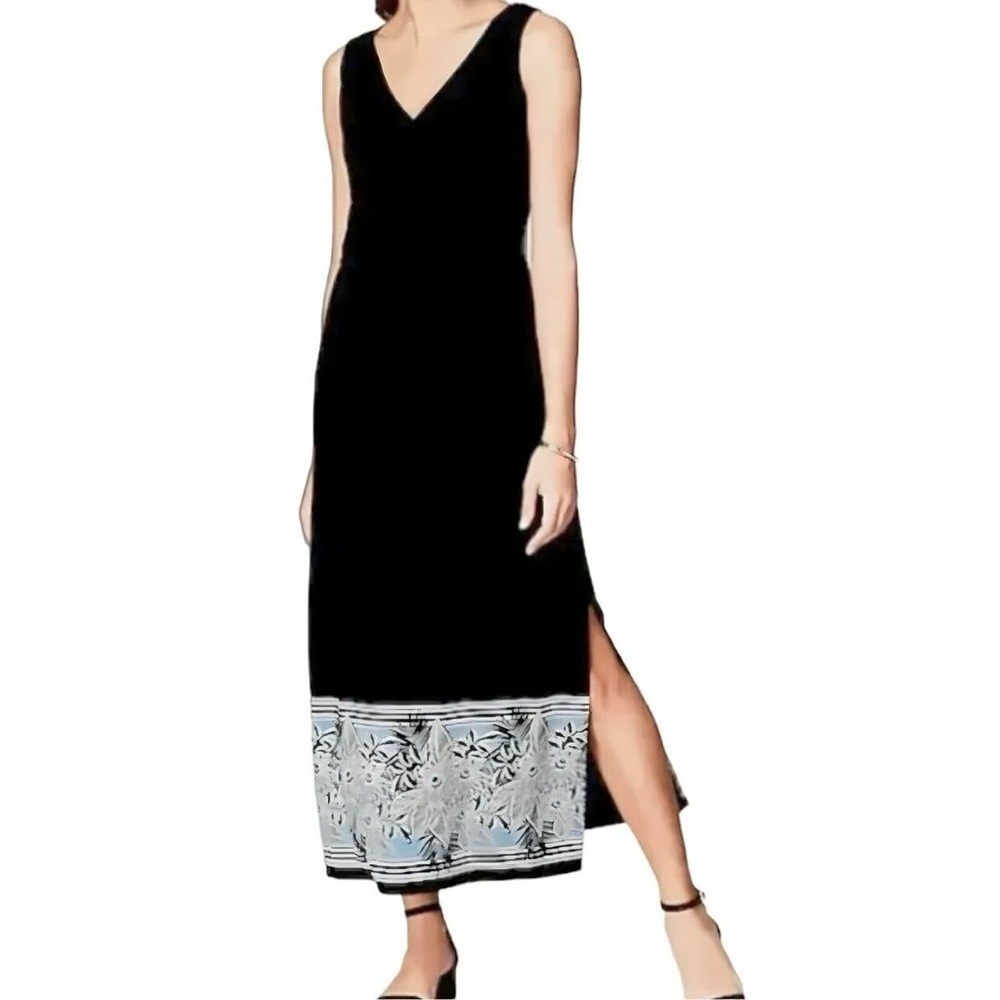 J.Jill Havana Floral Black Maxi Dress Medium Faux Wrap Sleeveless V Neck Border
